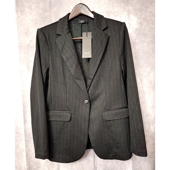 NWT Pinstriped Knit Blazer Women's Sz 8 One Button Black Pockets Career Classic - Picture 1 of 15